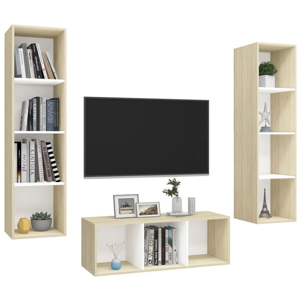 vidaXL Set Porta TV 3 pz Bianco e Rovere Sonoma in Truciolato