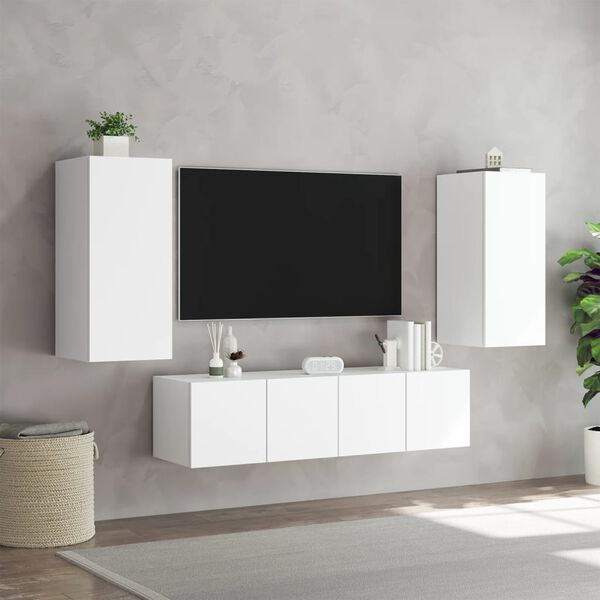 vidaXL Mobili TV a Muro con LED 4pz Bianchi in Legno Multistrato
