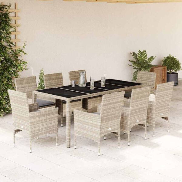 vidaXL Set Pranzo Giardino 9 pz Cuscini Grigio Chiaro Polyrattan Vetro