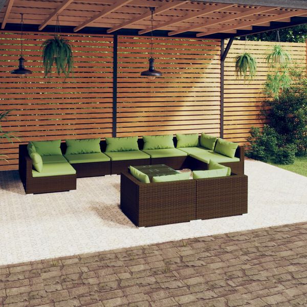 vidaXL Set Divani da Giardino 10 pz con Cuscini in Polyrattan Marrone