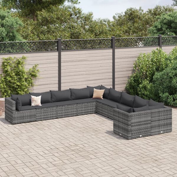 vidaXL Set Divano da Giardino 10 pz con Cuscini Grigio in Polyrattan