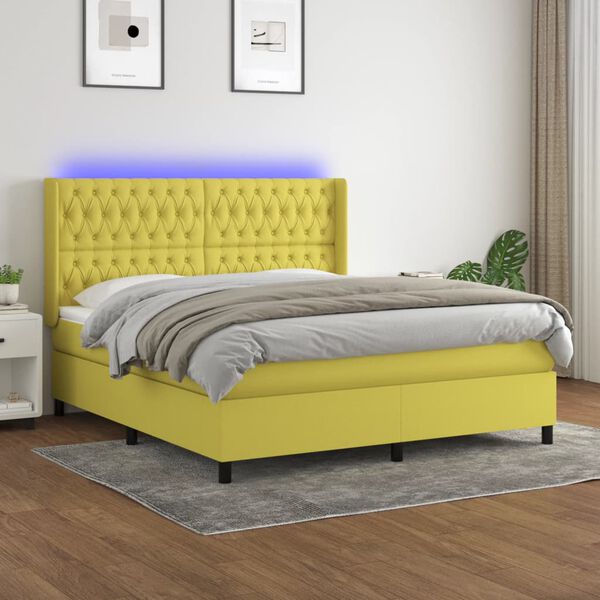 vidaXL Letto a Molle con Materasso e LED Verde 160x200 cm in Tessuto