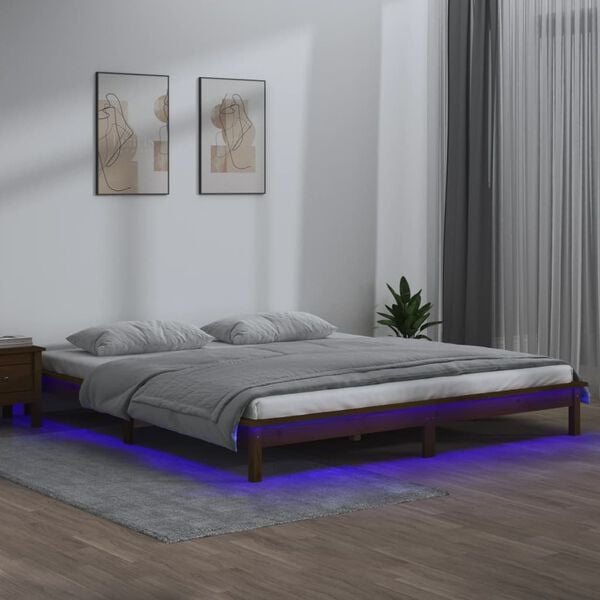 vidaXL Giroletto con LED senza Materasso Ambra 140x190 Legno Massello