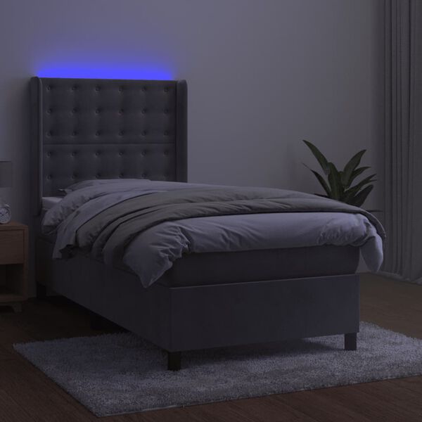 vidaXL Letto a Molle Materasso e LED Grigio Chiaro 100x200 cm Velluto
