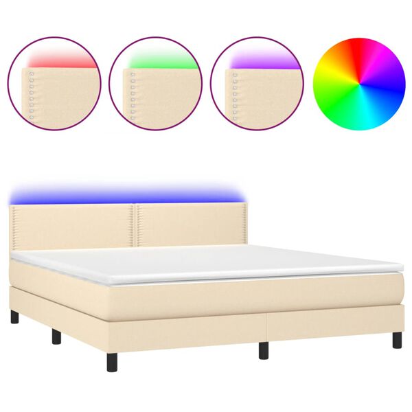 vidaXL Letto a Molle con Materasso e LED Crema 180x200 cm in Tessuto