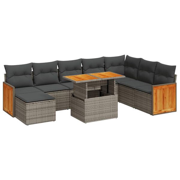 vidaXL Set Divano da Giardino 9pz con Cuscini Grigio Polyrattan Acacia