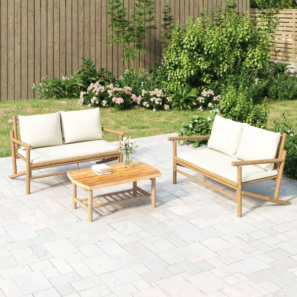 vidaXL Set Salotto da Giardino 3pz con Cuscini Bianco Crema in Bamb&ugrave;