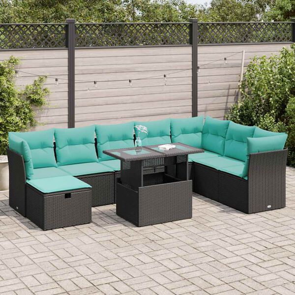 vidaXL Set Divani da Giardino 9 pz con Cuscini Nero Polyrattan Acacia