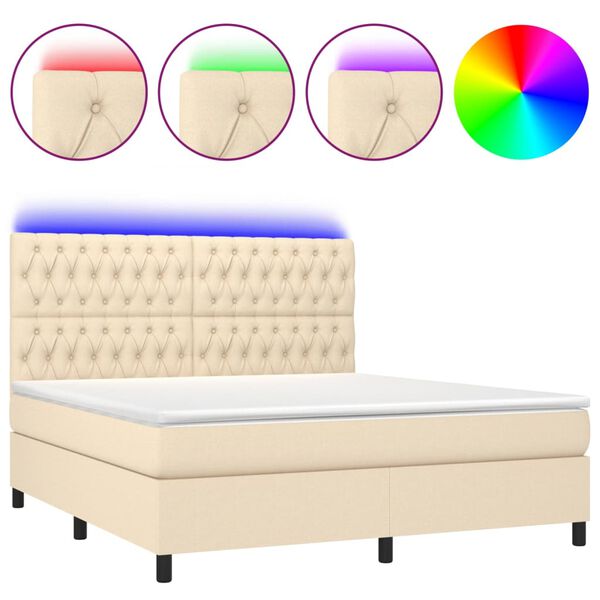 vidaXL Letto a Molle con Materasso e LED Crema 160x200 cm in Tessuto