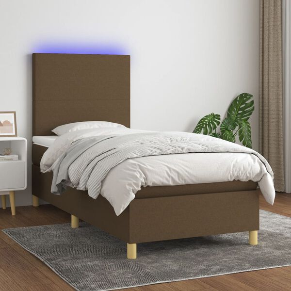 vidaXL Letto a Molle Materasso e LED Marrone Scuro 90x190cm in Tessuto