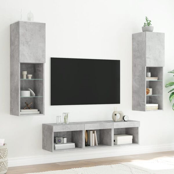 vidaXL Mobili TV a Muro con LED 5pz Grigio Cemento Legno Multistrato
