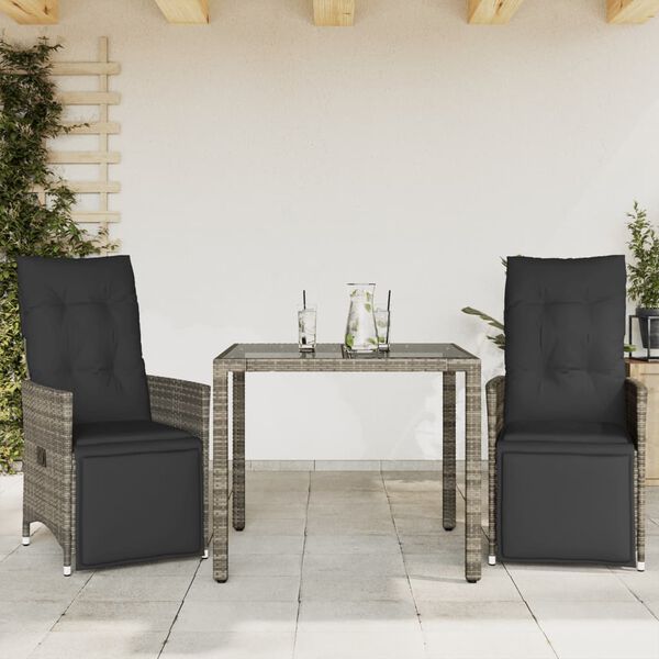 vidaXL Set Bistr&ograve; da Giardino 3 pz con Cuscini in Polyrattan Grigio