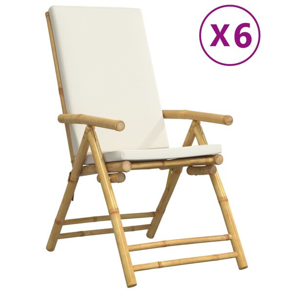 vidaXL Sedie da Giardino Reclinabili 6 pz Cuscini Bianco Crema Bambù