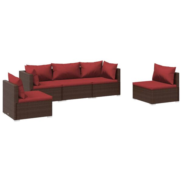 vidaXL Set Divani da Giardino 5 pz con Cuscini in Polyrattan Marrone