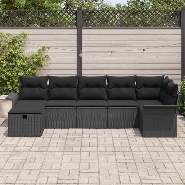 vidaXL Set Divano da Giardino con cuscino 7 pcs Nero polyrattan