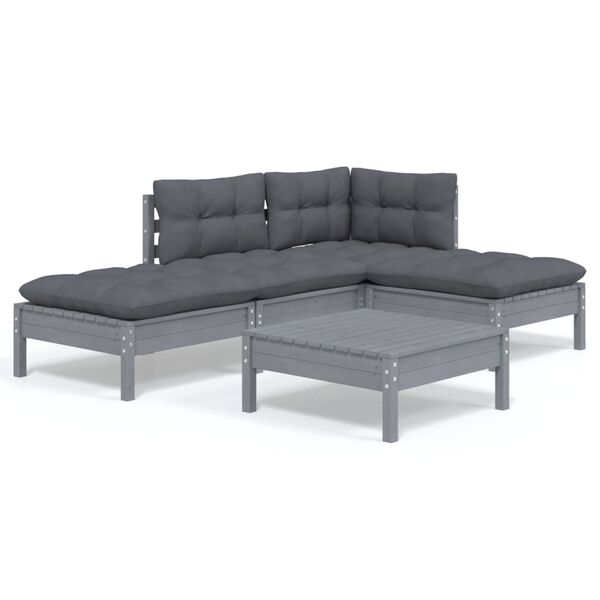 vidaXL Set Divani da Giardino 5 pz con Cuscini Grigi Massello di Pino