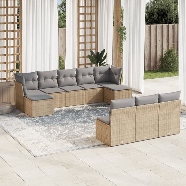 vidaXL Set Divano da Giardino 10 pz con Cuscini Beige in Polyrattan
