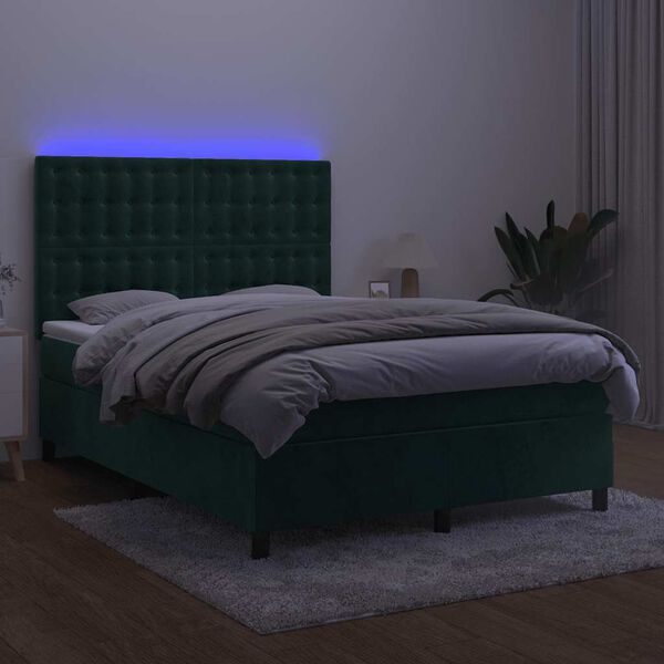 vidaXL Letto a Molle con Materasso e LED Verde Scuro 140x200cm Velluto