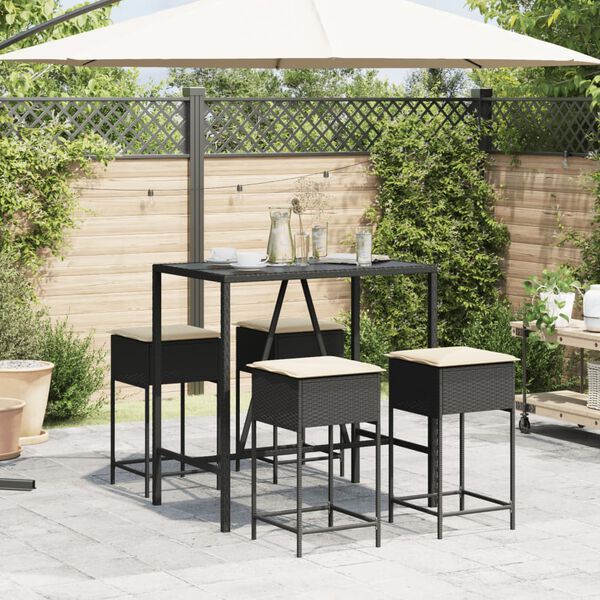 vidaXL Set Bar da Giardino 5 pz con Cuscini in Polyrattan Nero