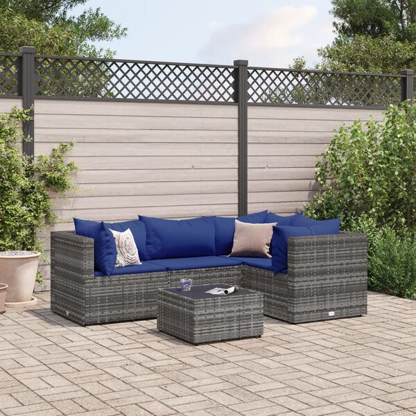 vidaXL Set Divani da Giardino 5 pz con Cuscini in Polyrattan Grigio