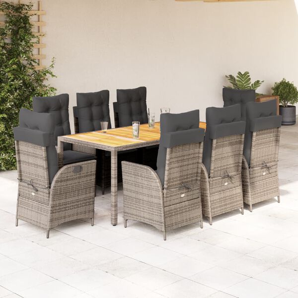 vidaXL Set da Pranzo da Giardino 9 pz con Cuscini in Polyrattan Grigio