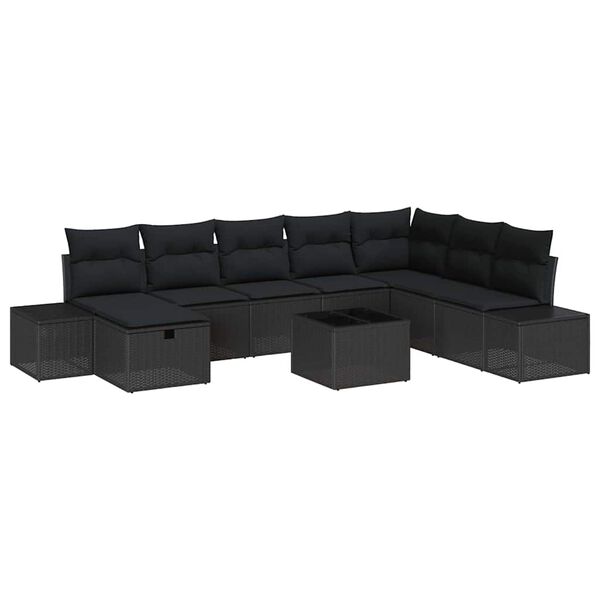 vidaXL Set Divano da Giardino con cuscino 9 pcs Nero polyrattan