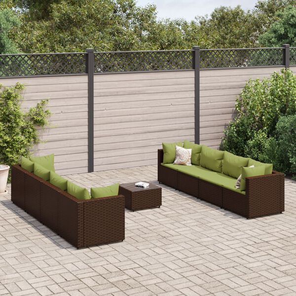 vidaXL Set Divani da Giardino 9 pz con Cuscini in Polyrattan Marrone