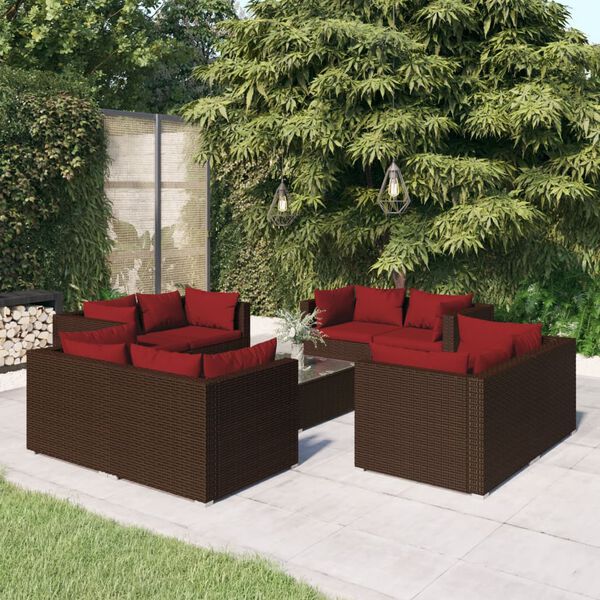 vidaXL Set Divani da Giardino 9 pz con Cuscini in Polyrattan Marrone