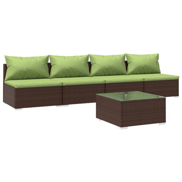 vidaXL Set Divani da Giardino 5 pz con Cuscini in Polyrattan Marrone