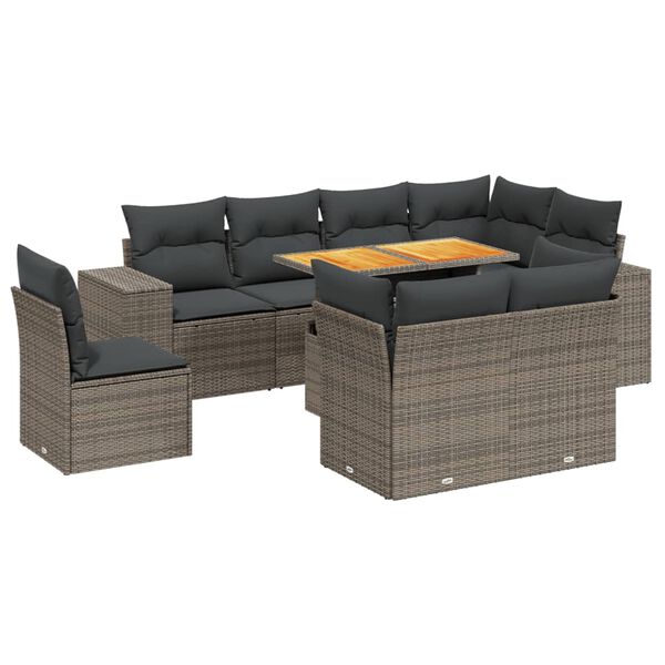 vidaXL Set Divano da Giardino 9 pz con Cuscini Grigio in Polyrattan