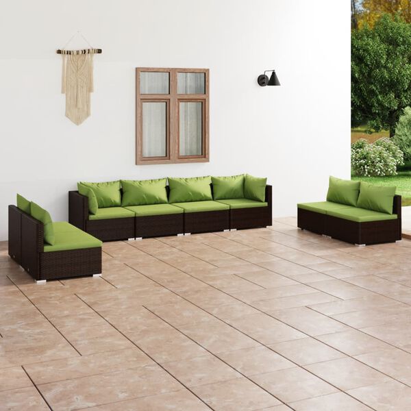 vidaXL Set Divani da Giardino 8 pz con Cuscini in Polyrattan Marrone