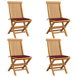 vidaXL Sedie da Giardino con Cuscini Rosso Vino 4 pz Massello di Teak
