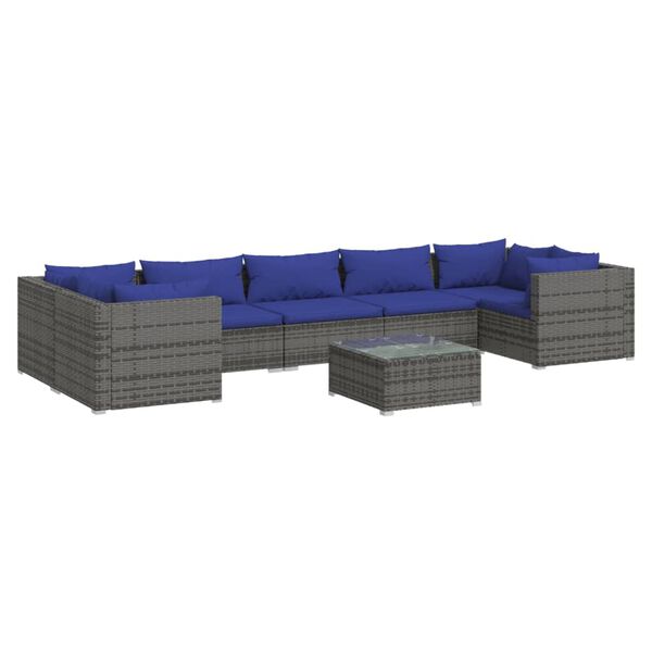 vidaXL Set Divani da Giardino 8 pz con Cuscini in Polyrattan Grigio
