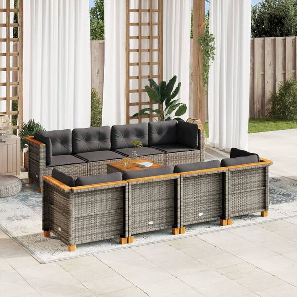 vidaXL Set Divano da Giardino 9 pz con Cuscini Grigio in Polyrattan