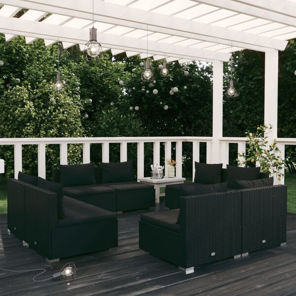 vidaXL Set Mobili da Giardino con Cuscini 8 pz in Polyrattan Nero