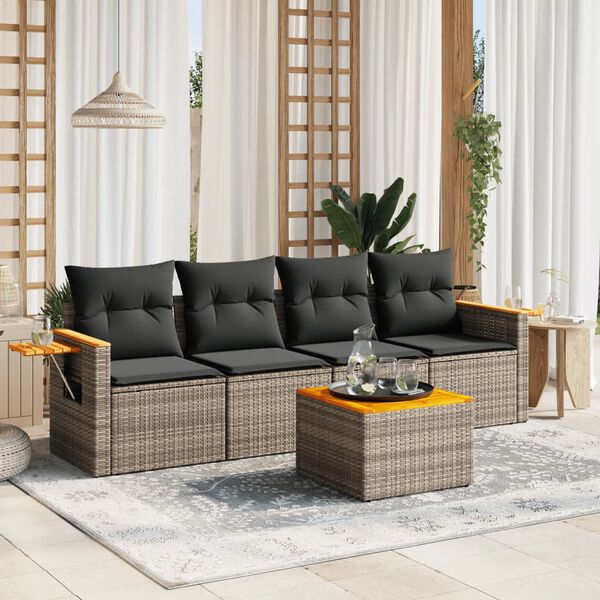 vidaXL Set Divano da Giardino 5 pz con Cuscini Grigio in Polyrattan