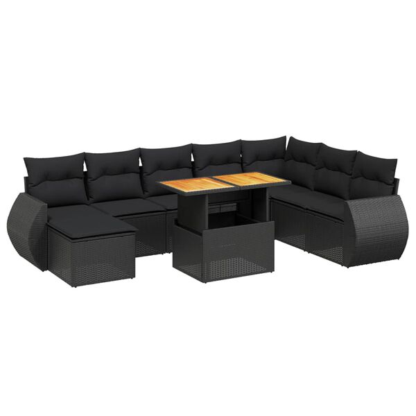 vidaXL Set Divani da Giardino 9 pz con Cuscini Nero in Polyrattan