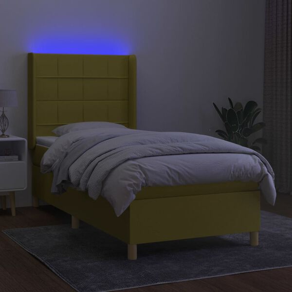 vidaXL Letto a Molle con Materasso e LED Verde 90x200 cm in Tessuto
