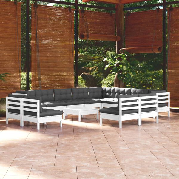 vidaXL Set Divani da Giardino 13 pz con Cuscini Bianchi Legno di Pino