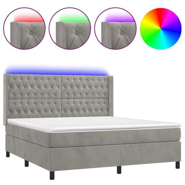 vidaXL Letto a Molle Materasso e LED Grigio Chiaro 180x200 cm Velluto