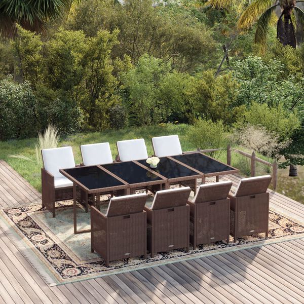 vidaXL Set Divani da Giardino 9 pz con Cuscini in Polyrattan Marrone