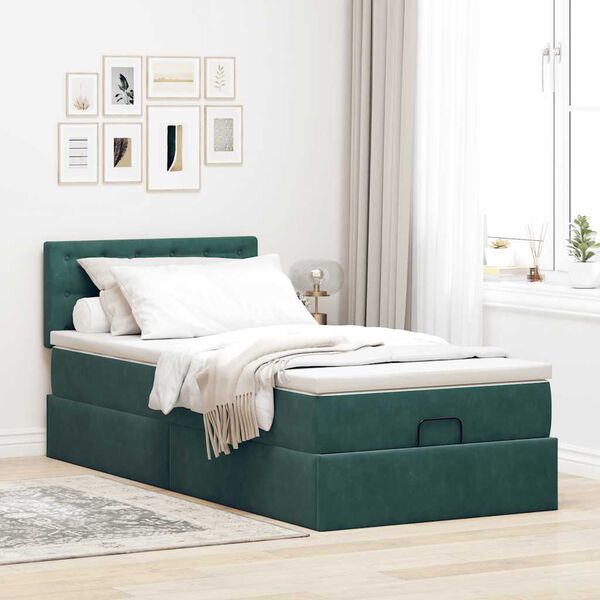 vidaXL Pouf Letto con Materasso e LED Verde Scuro 90x200cm in Velluto