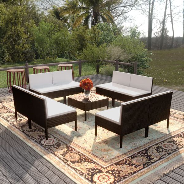 vidaXL Set Divani da Giardino 9 pz con Cuscini in Polyrattan Nero