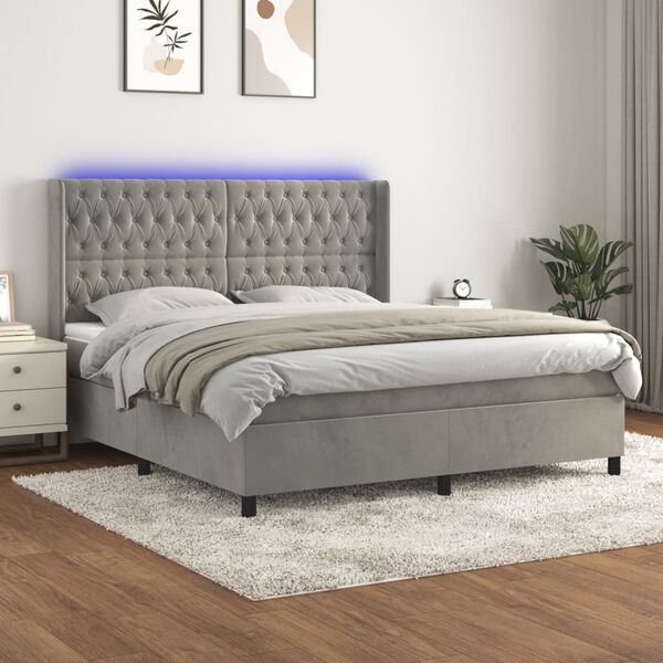 vidaXL Letto a Molle Materasso e LED Grigio Chiaro 180x200 cm Velluto