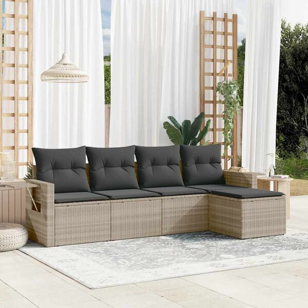 vidaXL Set Divano da Giardino 5pz con Cuscini Grigio Chiaro Polyrattan