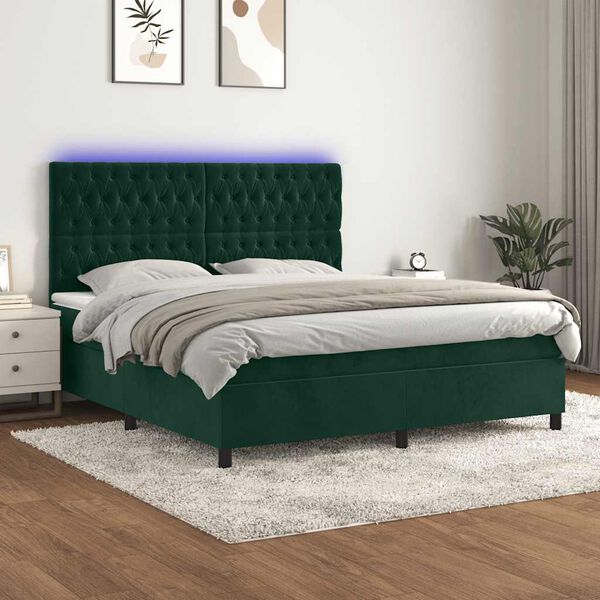 vidaXL Letto a Molle con Materasso e LED Verde Scuro 180x200cm Velluto
