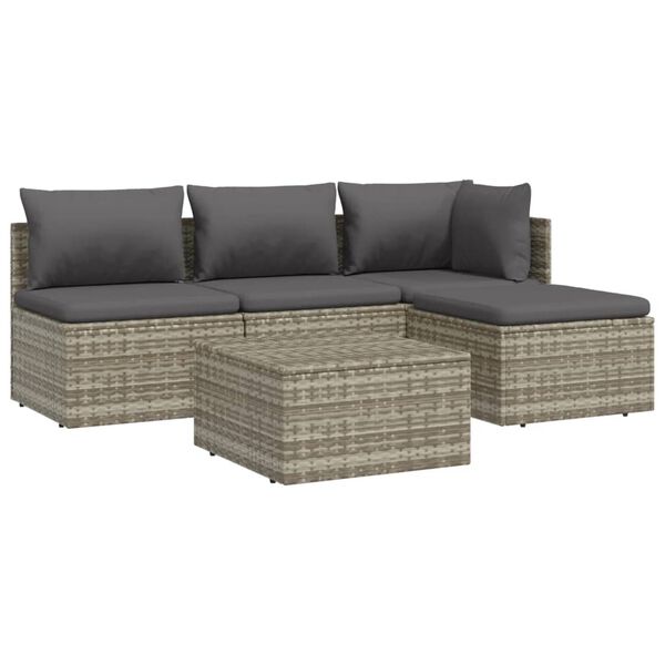 vidaXL Set Divani da Giardino 5 pz con Cuscini in Polyrattan Grigio