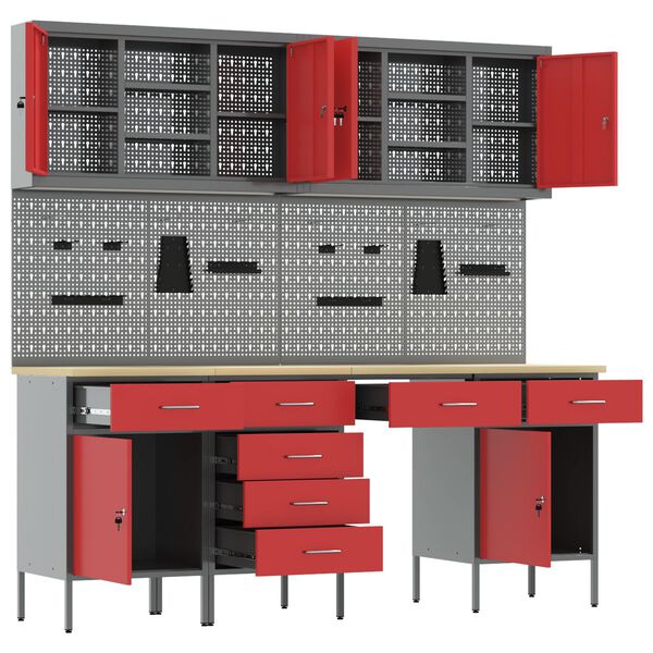 vidaXL Banco da lavoro 10 pcs Rosso 200 x 55 x 200 cm Acciaio