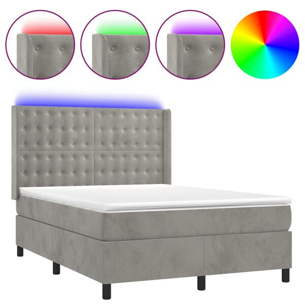 vidaXL Letto a Molle Materasso e LED Grigio Chiaro 140x200 cm Velluto