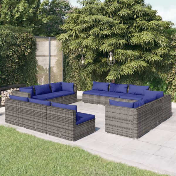 vidaXL Set Divani da Giardino 12 pz con Cuscini in Polyrattan Grigio